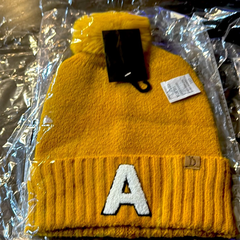 Chenille Letter “A” Ribbed Cuff Beanie with Pom - Cozy & Stylish